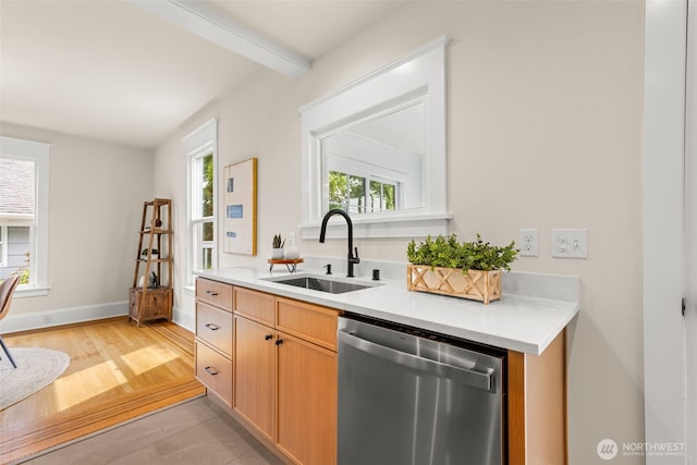 8251 Densmore Ave N, Seattle, WA 98103 - kitchen featuring dishwasher, light wood-type flooring, plenty of natural light, and beamed ceiling