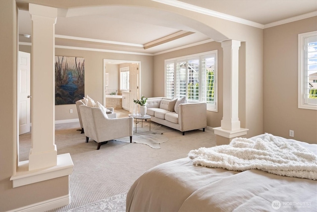 1206 S 36th Pl, Renton, WA 98055 - bedroom featuring decorative columns, arched walkways, crown molding, and light carpet
