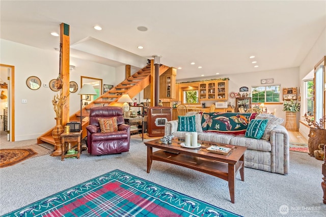 9204 Silver Lake Rd, Maple Falls, WA 98266 - living room featuring carpet, plenty of natural light, stairway, and recessed lighting