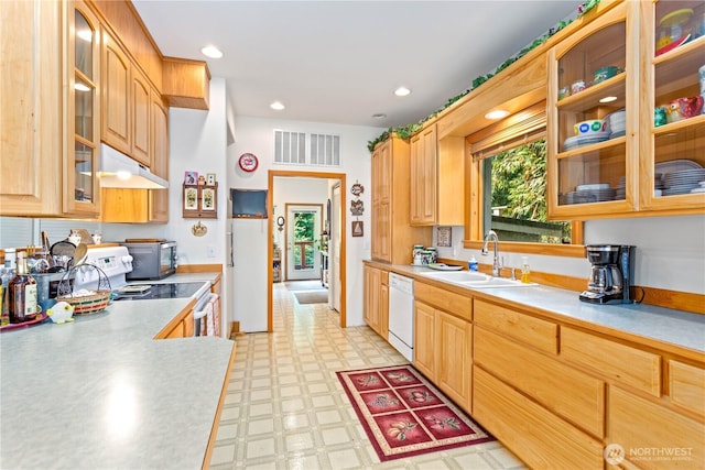 9204 Silver Lake Rd, Maple Falls, WA 98266 - kitchen with under cabinet range hood, dishwasher, light flooring, light countertops, and recessed lighting