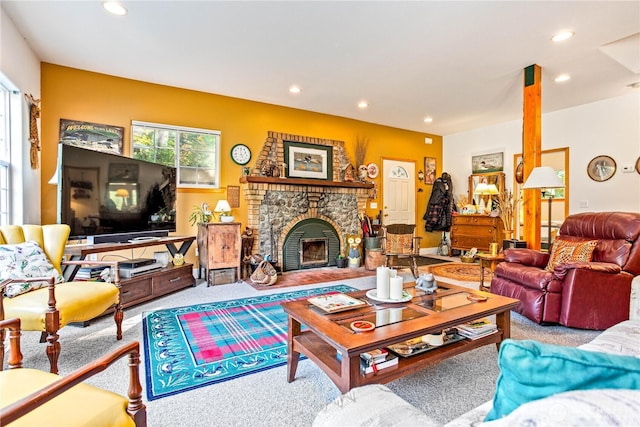 9204 Silver Lake Rd, Maple Falls, WA 98266 - carpeted living room with recessed lighting and a stone fireplace