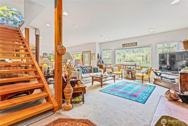 9204 Silver Lake Rd, Maple Falls, WA 98266 - carpeted living area with healthy amount of natural light, stairway, and recessed lighting