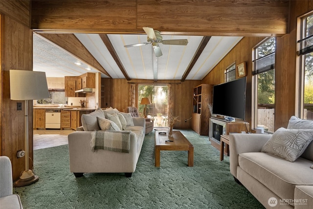 2641 Scotlac Dr SW, Olympia, WA 98512 - living area with wooden walls, carpet, and a ceiling fan