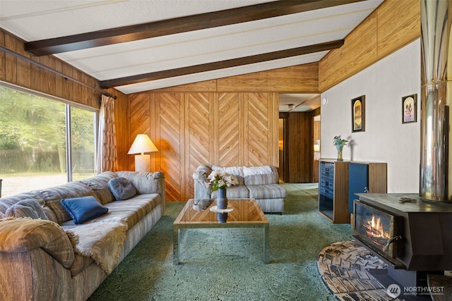 2641 Scotlac Dr SW, Olympia, WA 98512 - carpeted living area with wooden walls and a wood stove