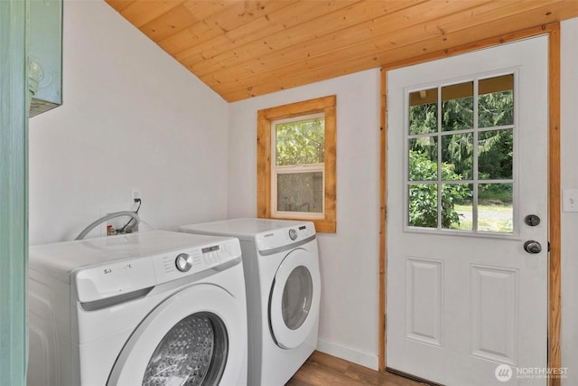 1129 Bunker Creek Rd, Chehalis, WA 98532 - washroom with washing machine and dryer, wooden ceiling, and wood finished floors