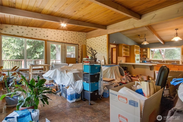 3939 Waldrick Rd SE, Olympia, WA 98501 - misc room featuring wood ceiling, wallpapered walls, and stone finish flooring