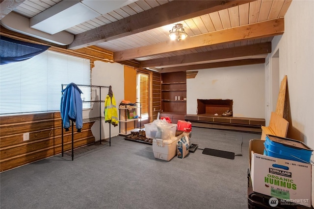 3939 Waldrick Rd SE, Olympia, WA 98501 - basement with carpet flooring, a baseboard heating unit, and wood ceiling