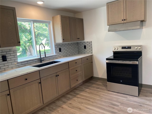 604 SW 4th St, College Place, WA 99324 - kitchen with stainless steel range with electric stovetop, under cabinet range hood, light wood-style floors, and decorative backsplash