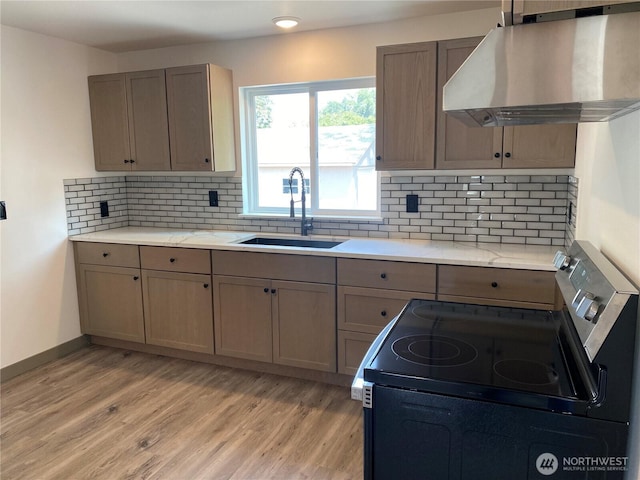 604 SW 4th St, College Place, WA 99324 - kitchen featuring wall chimney exhaust hood, stainless steel electric stove, light wood-style floors, and backsplash