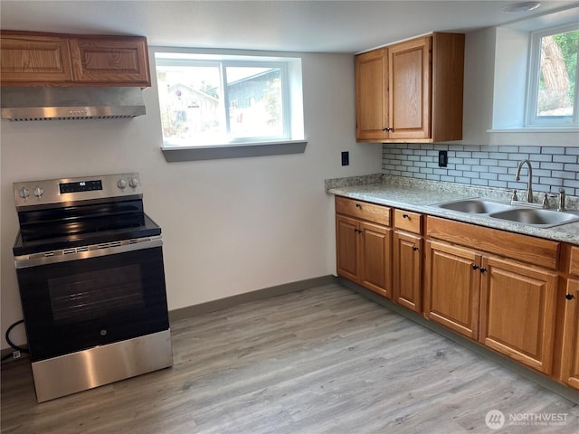 604 SW 4th St, College Place, WA 99324 - kitchen featuring electric range, range hood, light countertops, and brown cabinetry