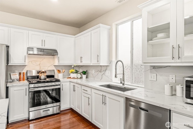 17710 39th Ave SE, Bothell, WA 98012 - kitchen featuring appliances with stainless steel finishes, under cabinet range hood, white cabinetry, and tasteful backsplash