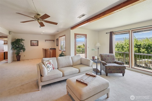 622 Vista View Pl, East Wenatchee, WA 98802 - living area featuring carpet, plenty of natural light, a ceiling fan, and beam ceiling