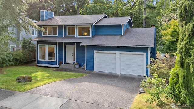 9132 NE 143rd Pl, Kirkland, WA 98034 - traditional home with a chimney, a garage, driveway, a front lawn, and a shingled roof