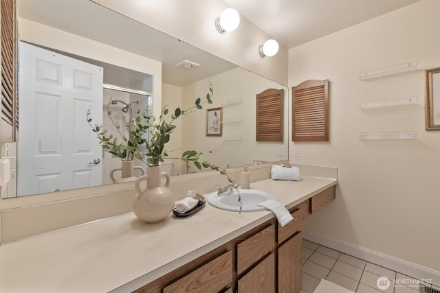 9132 NE 143rd Pl, Kirkland, WA 98034 - bathroom with tile patterned flooring, vanity, and an enclosed shower