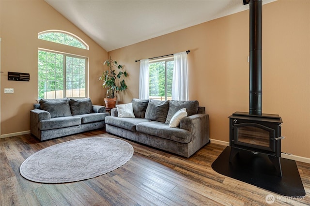 118 Bald Eagle Rd, Ariel, WA 98603 - living room with vaulted ceiling, wood finished floors, and a wood stove