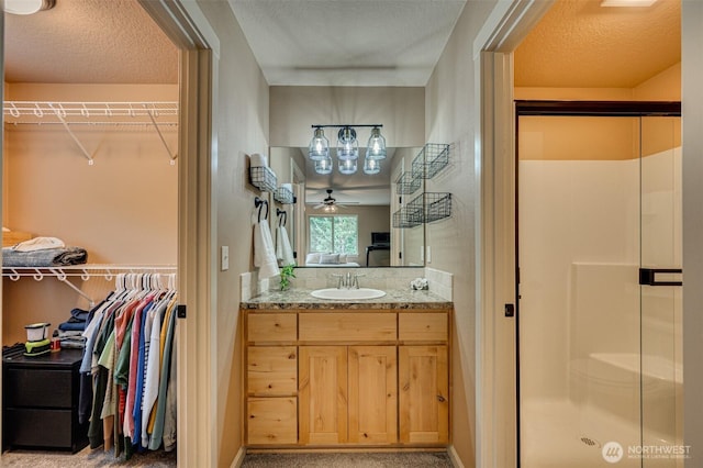118 Bald Eagle Rd, Ariel, WA 98603 - bathroom with a shower stall, vanity, a walk in closet, and a textured ceiling