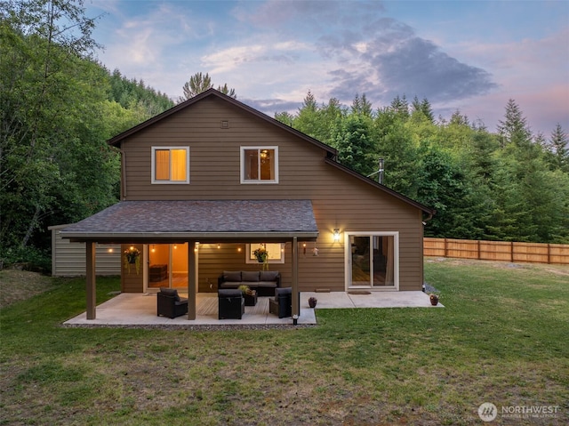 118 Bald Eagle Rd, Ariel, WA 98603 - back of house featuring outdoor lounge area, a patio area, and roof with shingles