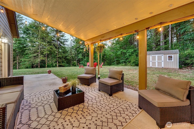 118 Bald Eagle Rd, Ariel, WA 98603 - view of patio / terrace featuring outdoor lounge area and a storage shed