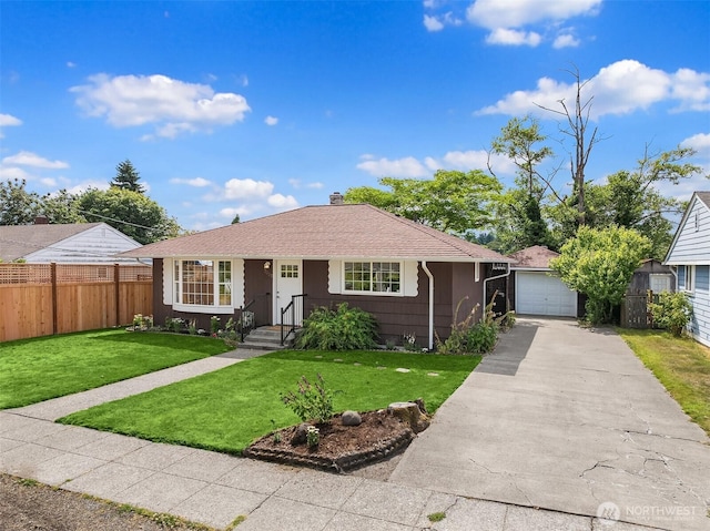 7337 19th Ave SW, Seattle, WA 98106 - view of front facade featuring driveway, an outbuilding, a garage, a chimney, and a shingled roof