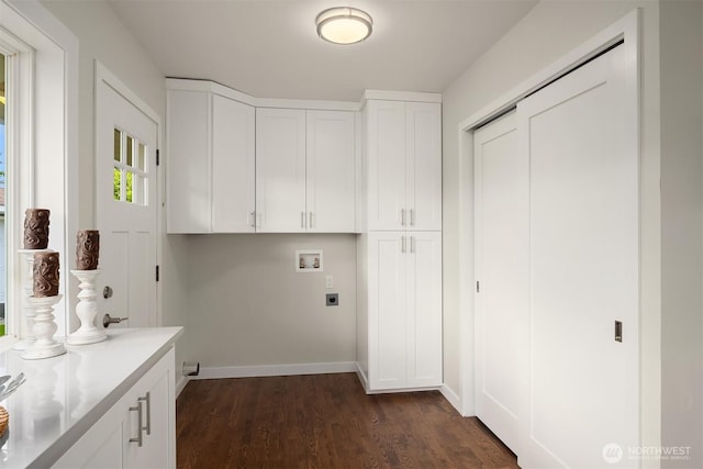 7337 19th Ave SW, Seattle, WA 98106 - laundry area with electric dryer hookup, washer hookup, cabinet space, and dark wood-style floors