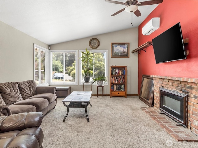 16002 5th Ave E, Tacoma, WA 98445 - living area featuring a wall unit AC, vaulted ceiling, a fireplace, a ceiling fan, and light colored carpet