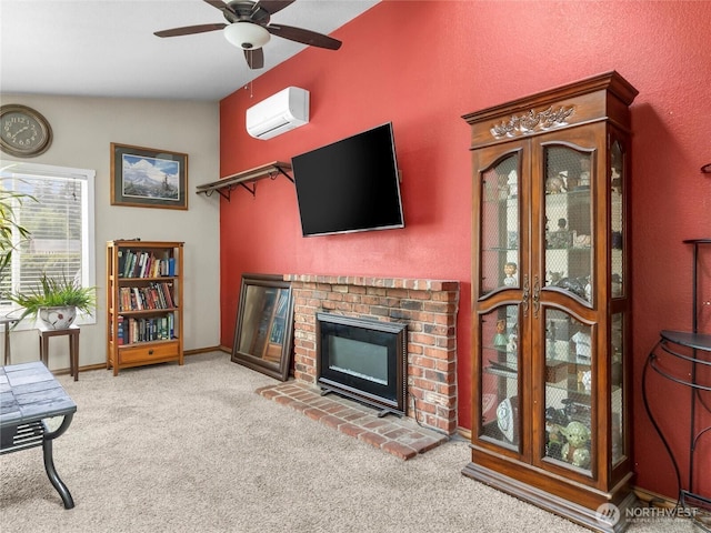16002 5th Ave E, Tacoma, WA 98445 - carpeted living area with an AC wall unit, a brick fireplace, ceiling fan, and lofted ceiling