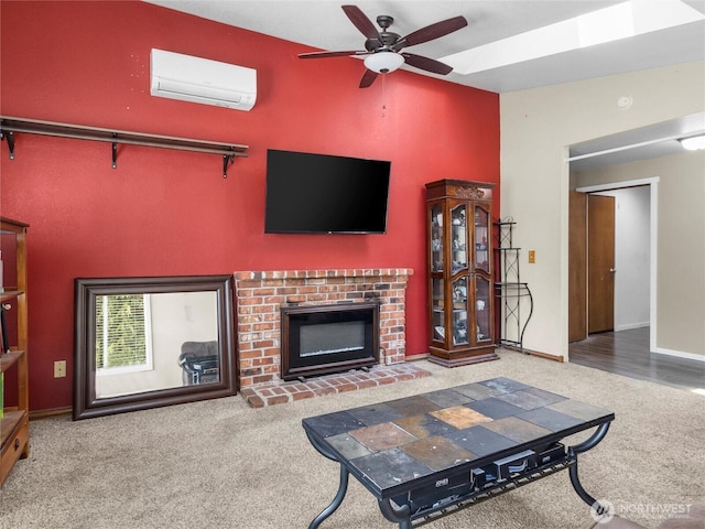 16002 5th Ave E, Tacoma, WA 98445 - carpeted living area featuring a wall mounted air conditioner, ceiling fan, a fireplace, and lofted ceiling