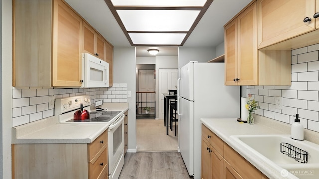 17529 151st Ave SE Unit 7-8, Renton, WA 98058 - kitchen featuring white appliances, light brown cabinetry, light wood finished floors, and light countertops