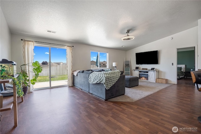 5421 Jackson Ln, Pasco, WA 99301 - living area with a textured ceiling, wood finished floors, a glass covered fireplace, and lofted ceiling