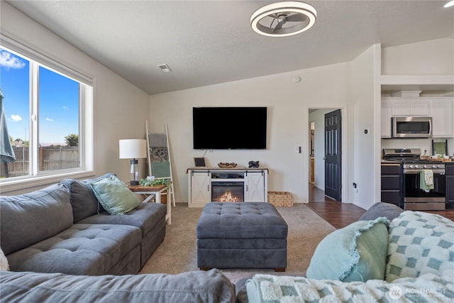 5421 Jackson Ln, Pasco, WA 99301 - carpeted living room with vaulted ceiling and a glass covered fireplace
