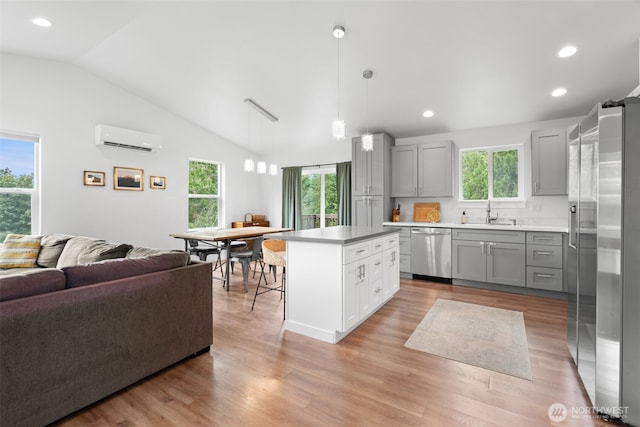1172 Thorndyke Rd, Port Ludlow, WA 98365 - kitchen with stainless steel appliances, a wall mounted AC, gray cabinetry, open floor plan, and plenty of natural light