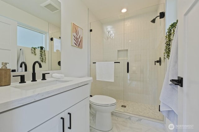 10342 39th Ave NE, Seattle, WA 98125 - full bath with a shower stall, vanity, and marble look tile flooring