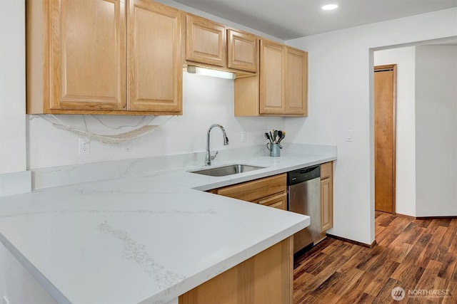 921 Pershing Ave Unit 101, Bremerton, WA 98312 - kitchen with dishwasher, light brown cabinetry, dark wood finished floors, recessed lighting, and light stone countertops