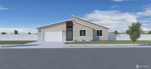 613 S Dorsing St, Moses Lake, WA 98837 - view of front facade featuring driveway, stone siding, an attached garage, and stucco siding
