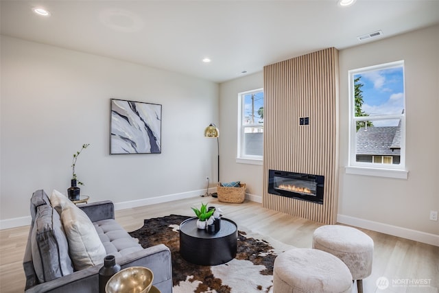 3606 E M St, Tacoma, WA 98404 - living area featuring light wood-style flooring, a glass covered fireplace, and recessed lighting