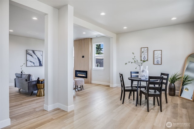 3606 E M St, Tacoma, WA 98404 - dining room featuring light wood finished floors, recessed lighting, and a fireplace