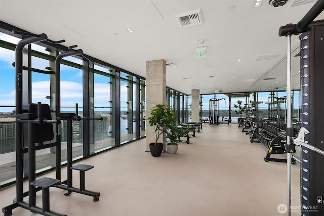 300 Virginia St Unit 1311, Seattle, WA 98101 - gym featuring floor to ceiling windows, a water view, and plenty of natural light