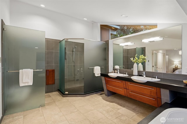 1564 Hillside Dr SE, Issaquah, WA 98027 - bathroom featuring a stall shower, double vanity, and tile patterned floors