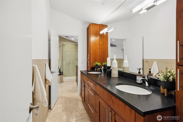 1564 Hillside Dr SE, Issaquah, WA 98027 - bathroom featuring a shower stall, double vanity, and tile patterned floors