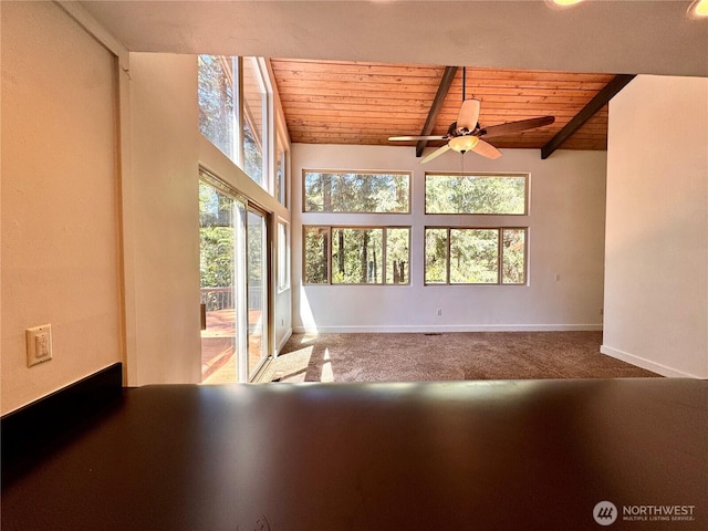 110 E Rhododendron Ln, Union, WA 98592 - carpeted spare room featuring a wood ceiling with exposed beams, a ceiling fan, and healthy amount of natural light