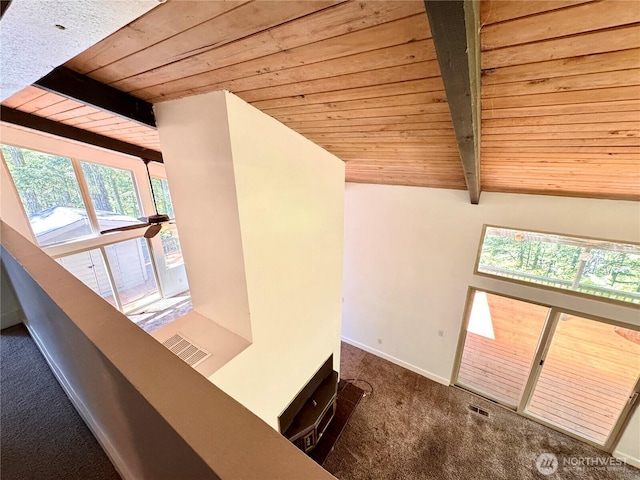 110 E Rhododendron Ln, Union, WA 98592 - staircase featuring wooden ceiling and carpet