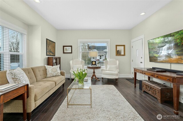 3232 37th Ave S, Seattle, WA 98144 - living room with dark wood finished floors, healthy amount of natural light, and recessed lighting