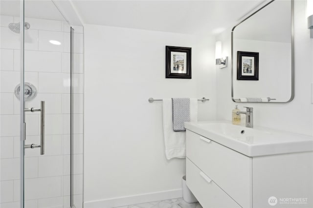 3232 37th Ave S, Seattle, WA 98144 - full bathroom featuring vanity, a shower stall, and marble look tile flooring