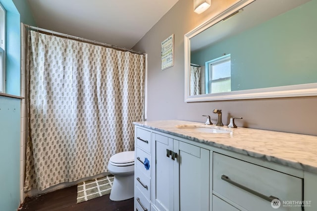 9806 6th Pl SE, Lake Stevens, WA 98258 - full bathroom with vanity, a shower with shower curtain, and wood finished floors