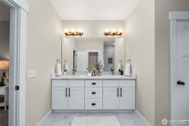 814 9th St SW, Puyallup, WA 98371 - full bath with double vanity, marble look tile flooring, and tiled shower
