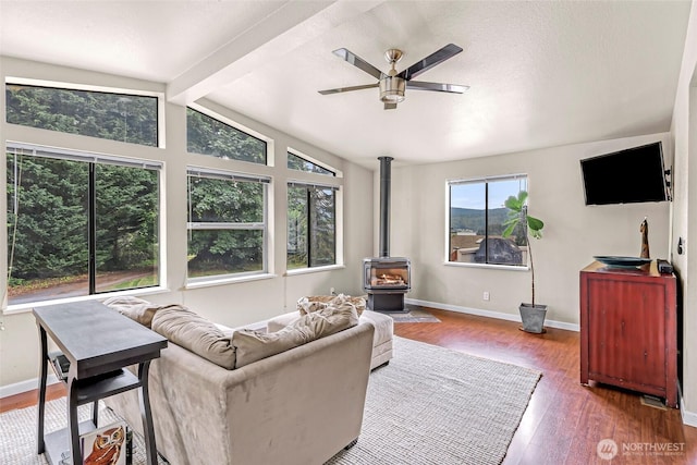 2366 Northshore Rd, Bellingham, WA 98226 - living area featuring a ceiling fan, a wood stove, and wood finished floors