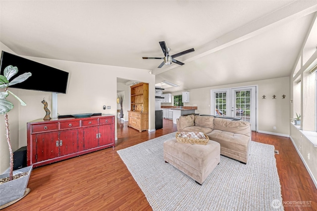 2366 Northshore Rd, Bellingham, WA 98226 - living area with french doors, lofted ceiling, wood finished floors, and a ceiling fan