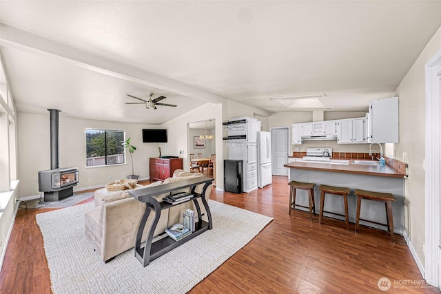 2366 Northshore Rd, Bellingham, WA 98226 - living room featuring a wood stove, dark wood-style floors, and a ceiling fan