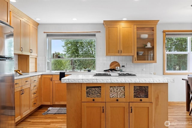 347 W King Tut Rd, Bellingham, WA 98226 - kitchen featuring stainless steel appliances, light countertops, light wood finished floors, tasteful backsplash, and recessed lighting