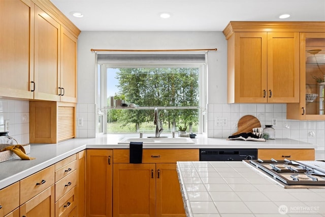 347 W King Tut Rd, Bellingham, WA 98226 - kitchen featuring dishwashing machine, decorative backsplash, recessed lighting, and glass insert cabinets